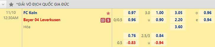 Tỷ lệ kèo giữa Koln vs Leverkusen